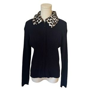 Giorgio Di Sant Angelo ✘ Leopard Print Collar Ramie Ribbed Zip Cardigan Sweater